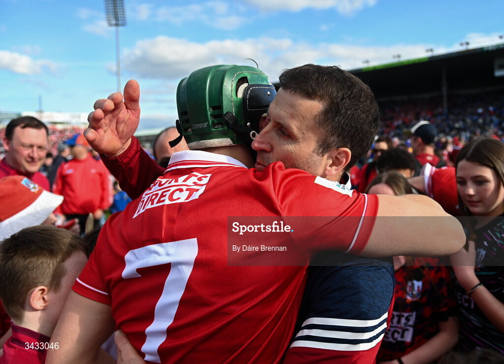 19 April 2026; Cork manager Ben O'Connor celebrates with Mark Coleman after the Munster GAA Senior Hurling Championship Round 1 match between Tipperary and Cork at FBD Semple Stadium in Thurles, Tipperary. Photo by Daire Brennan/Sportsfile