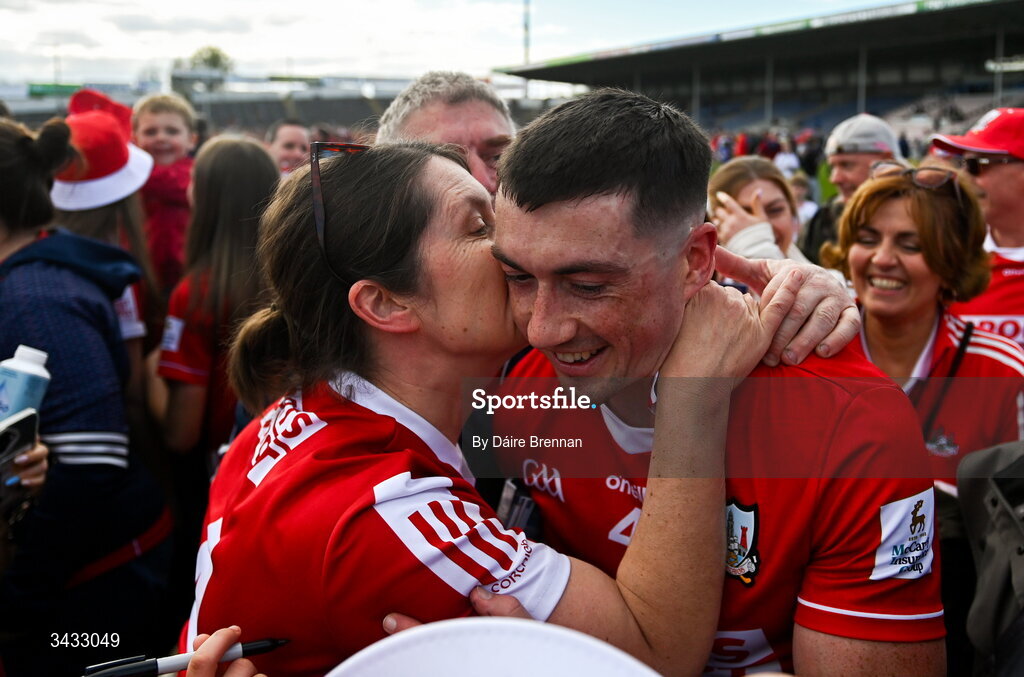 19 April 2026; Seán O’Donoghue of Cork gets a kiss from his mother Yvonne after the Munster GAA Senior Hurling Championship Round 1 match between Tipperary and Cork at FBD Semple Stadium in Thurles, Tipperary. Photo by Daire Brennan/Sportsfile