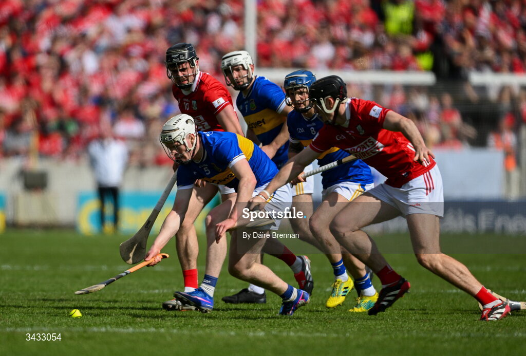 19 April 2026; Oisin O'Donoghue of Tipperary in action against Eoin Downey of Cork during the Munster GAA Senior Hurling Championship Round 1 match between Tipperary and Cork at FBD Semple Stadium in Thurles, Tipperary. Photo by Daire Brennan/Sportsfile
