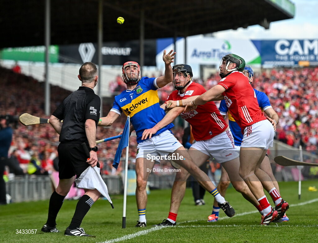 19 April 2026; Stefan Tobin of Tipperary in action against Robert Downey, left, and Mark Coleman of Cork during the Munster GAA Senior Hurling Championship Round 1 match between Tipperary and Cork at FBD Semple Stadium in Thurles, Tipperary. Photo by Daire Brennan/Sportsfile