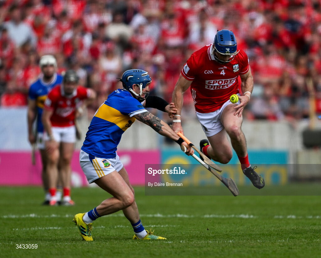 19 April 2026; Seán O’Donoghue of Cork in action against Willie Connors of Tipperary during the Munster GAA Senior Hurling Championship Round 1 match between Tipperary and Cork at FBD Semple Stadium in Thurles, Tipperary. Photo by Daire Brennan/Sportsfile