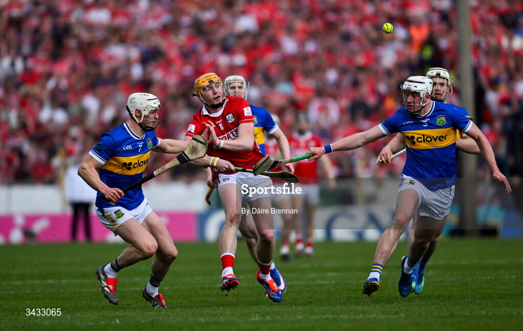 19 April 2026; Shane Barrett of Cork in action against Bryan O'Mara, left, and Eoghan Connolly of Tipperary during the Munster GAA Senior Hurling Championship Round 1 match between Tipperary and Cork at FBD Semple Stadium in Thurles, Tipperary. Photo by Daire Brennan/Sportsfile