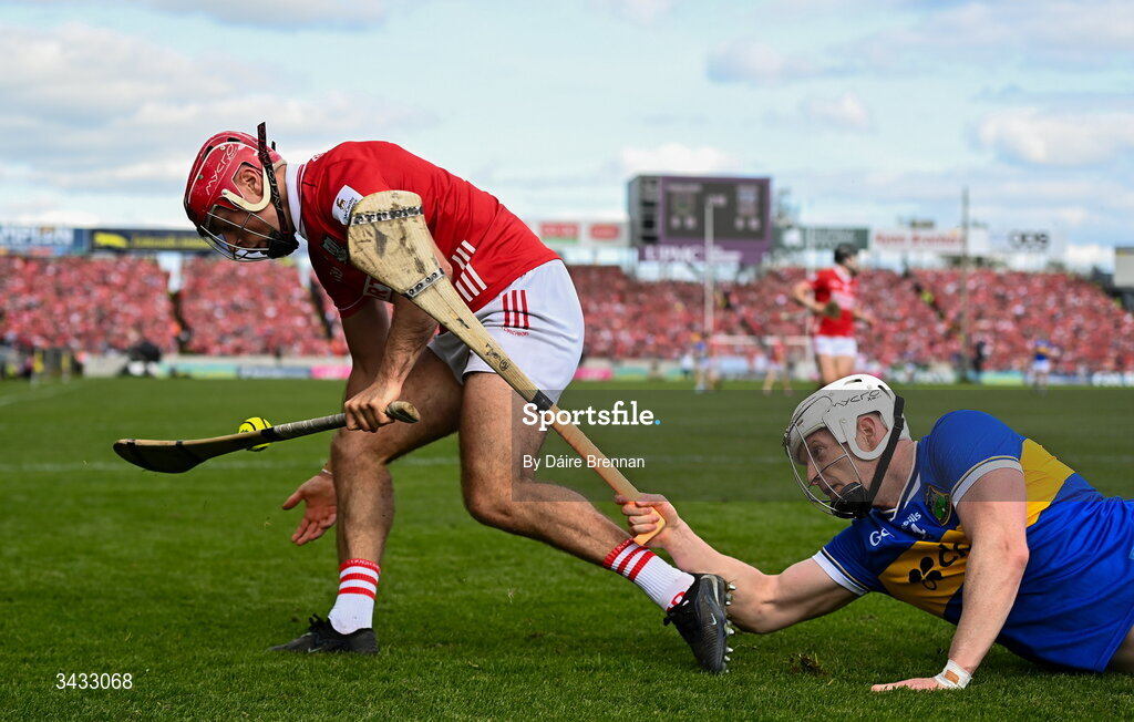 19 April 2026; William Buckley of Cork in action against Michael Breen of Tipperary during the Munster GAA Senior Hurling Championship Round 1 match between Tipperary and Cork at FBD Semple Stadium in Thurles, Tipperary. Photo by Daire Brennan/Sportsfile