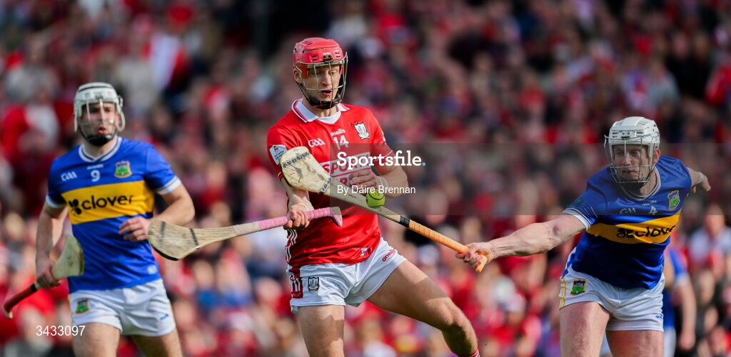 19 April 2026; Alan Connolly of Cork in action against Michael Breen of Tipperary during the Munster GAA Senior Hurling Championship Round 1 match between Tipperary and Cork at FBD Semple Stadium in Thurles, Tipperary. Photo by Daire Brennan/Sportsfile