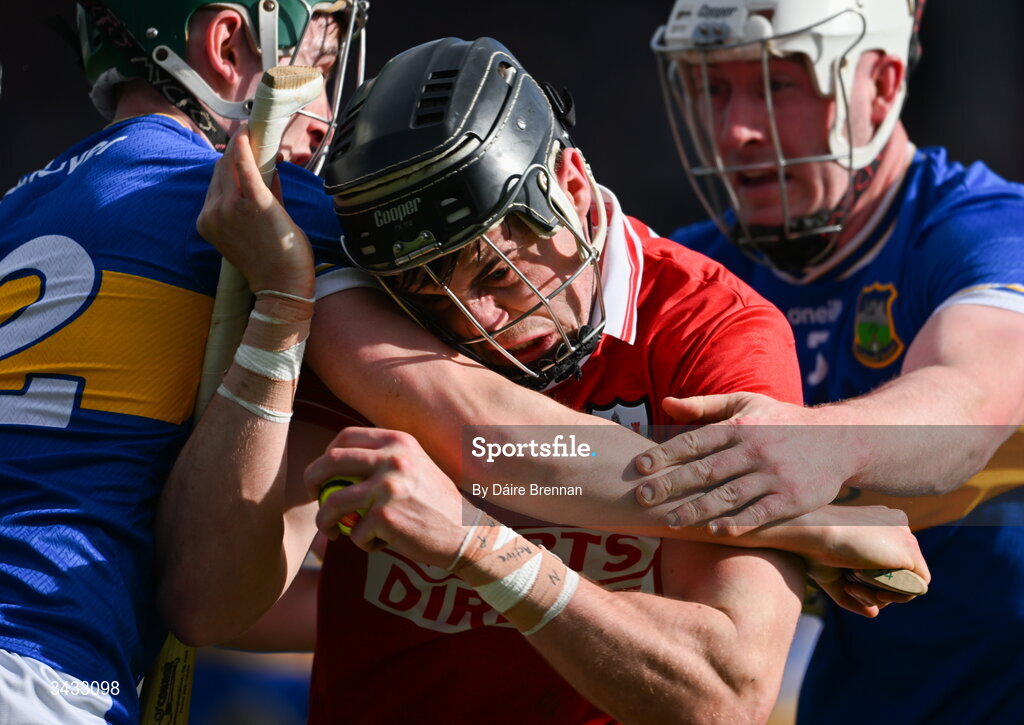 19 April 2026; Darragh Fitzgibbon of Cork in action against Sam O'Farrell, left, and Eoghan Connolly of Tipperary during the Munster GAA Senior Hurling Championship Round 1 match between Tipperary and Cork at FBD Semple Stadium in Thurles, Tipperary. Photo by Daire Brennan/Sportsfile