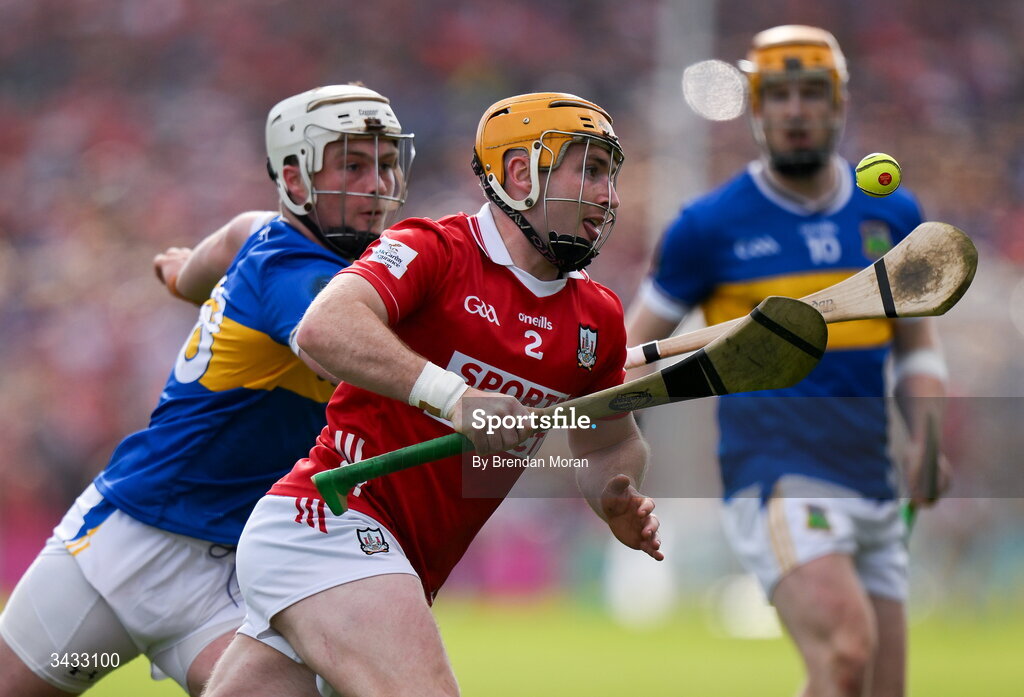 19 April 2026; Niall O'Leary of Cork in action against Darragh McCarthy of Tipperary during the Munster GAA Senior Hurling Championship Round 1 match between Tipperary and Cork at FBD Semple Stadium in Thurles, Tipperary. Photo by Brendan Moran/Sportsfile