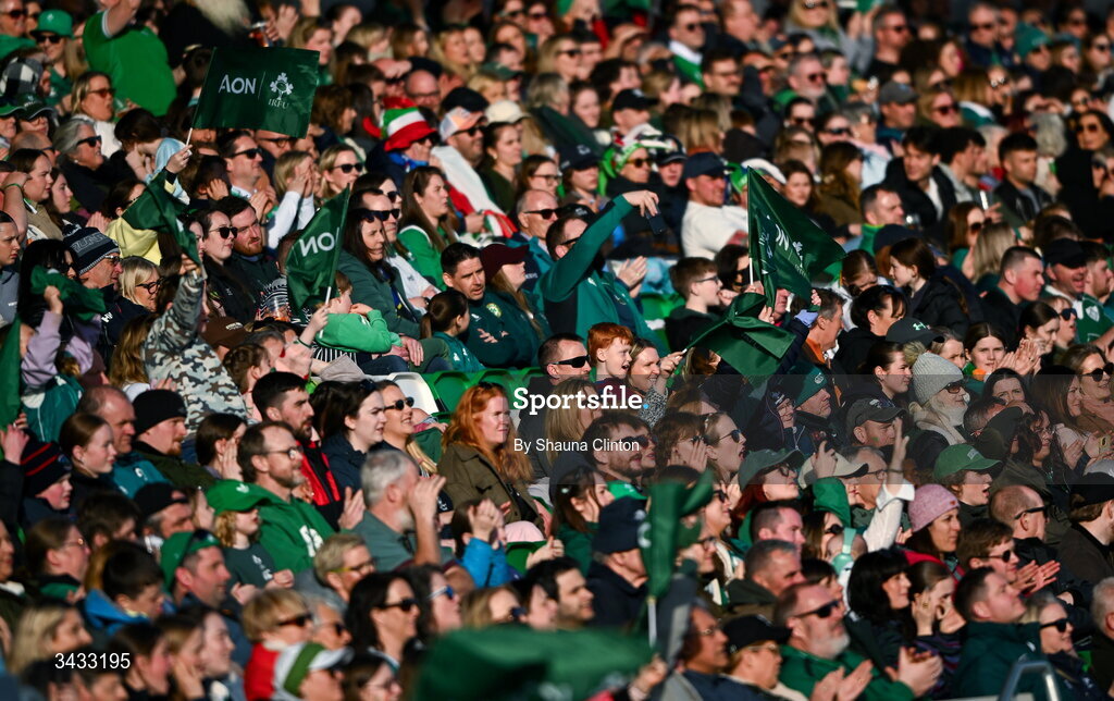 18 April 2026; Spectators during the Women's Six Nations Rugby Championship match between Ireland and Italy at Dexcom Stadium in Galway. Photo by Shauna Clinton/Sportsfile