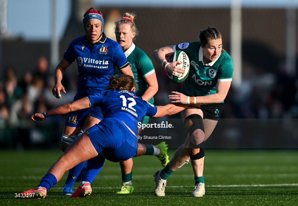 18 April 2026; Eve Higgins of Ireland in action against Sara Mannini of Italy during the Women's Six Nations Rugby Championship match between Ireland and Italy at Dexcom Stadium in Galway. Photo by Shauna Clinton/Sportsfile
