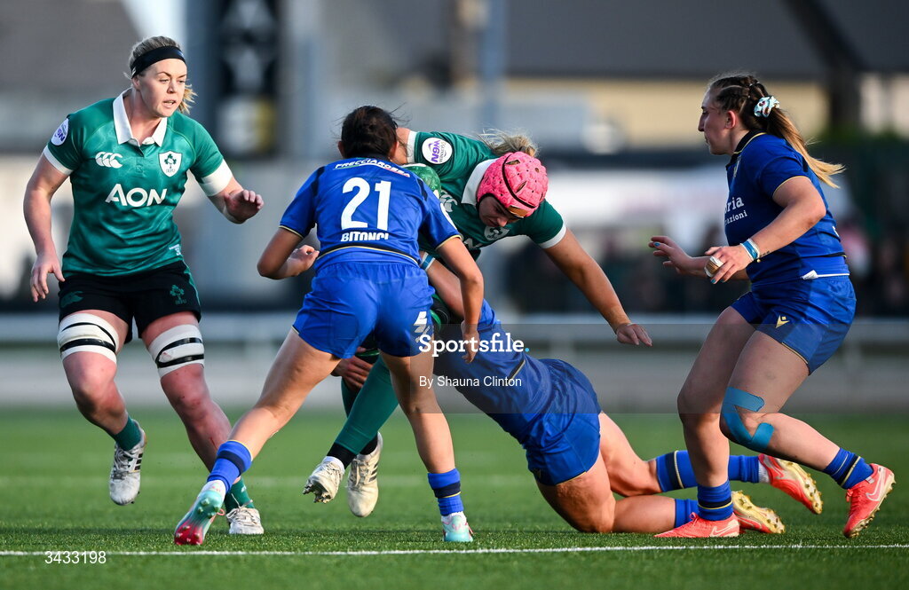 18 April 2026; Dorothy Wall of Ireland in action against Alia Bitonci of Italy during the Women's Six Nations Rugby Championship match between Ireland and Italy at Dexcom Stadium in Galway. Photo by Shauna Clinton/Sportsfile