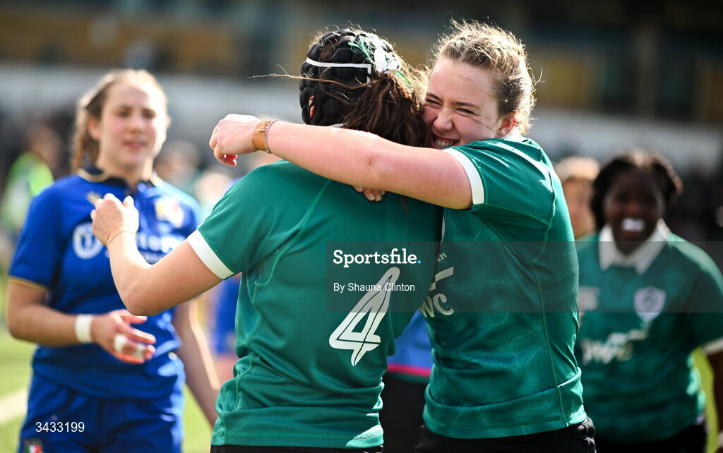 18 April 2026; Ireland players Aoibhe O'Flynn, left, and Saoirse Crowe celebrate after the Women's U21 Six Nations Series match between Ireland and Italy at Dexcom Stadium in Galway. Photo by Shauna Clinton/Sportsfile