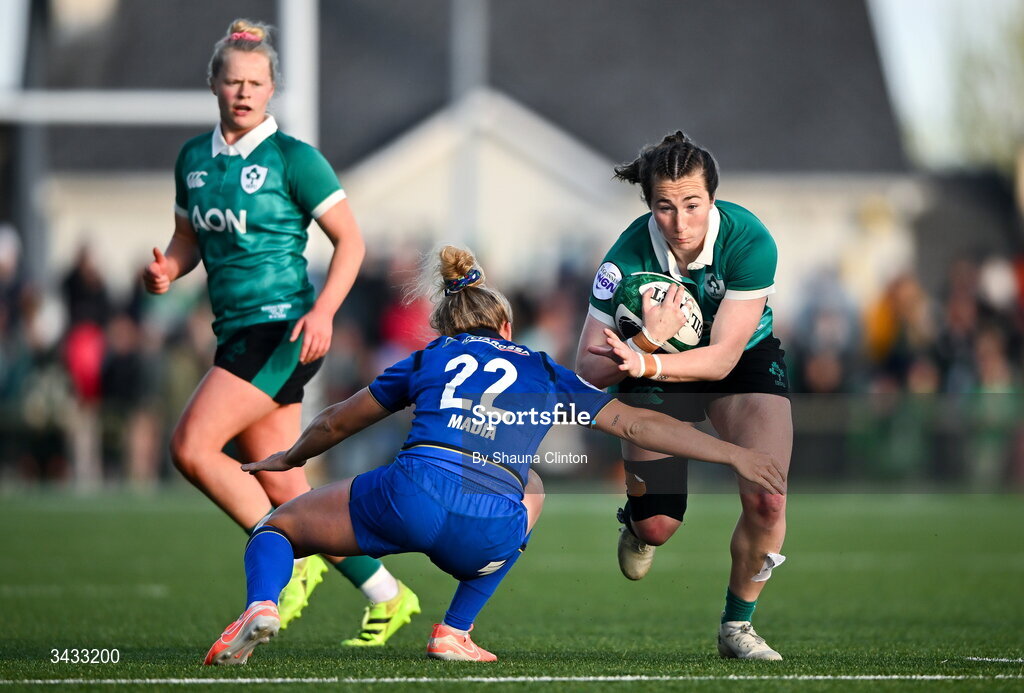 18 April 2026; Eve Higgins of Ireland in action against Veronica Madia of Italy during the Women's Six Nations Rugby Championship match between Ireland and Italy at Dexcom Stadium in Galway. Photo by Shauna Clinton/Sportsfile