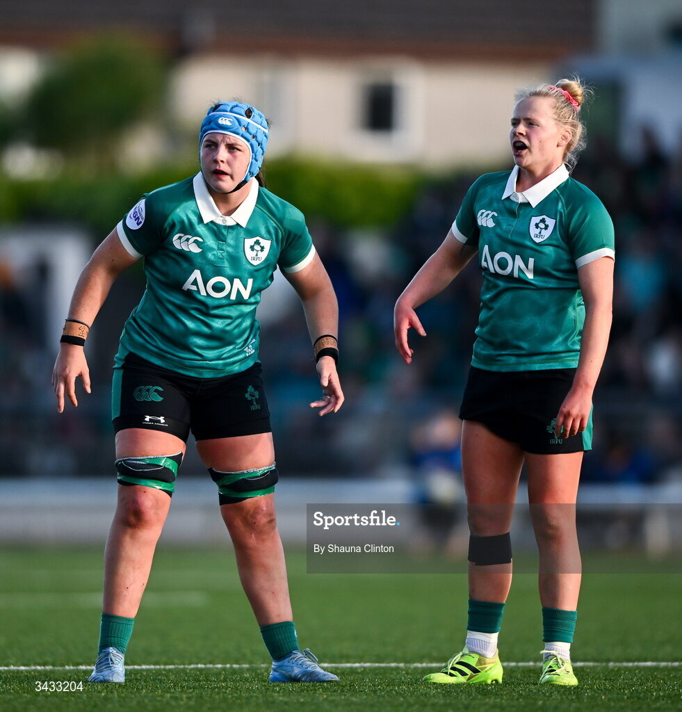 18 April 2026; Brittany Hogan, left, and Dannah O'Brien of Ireland during the Women's Six Nations Rugby Championship match between Ireland and Italy at Dexcom Stadium in Galway. Photo by Shauna Clinton/Sportsfile