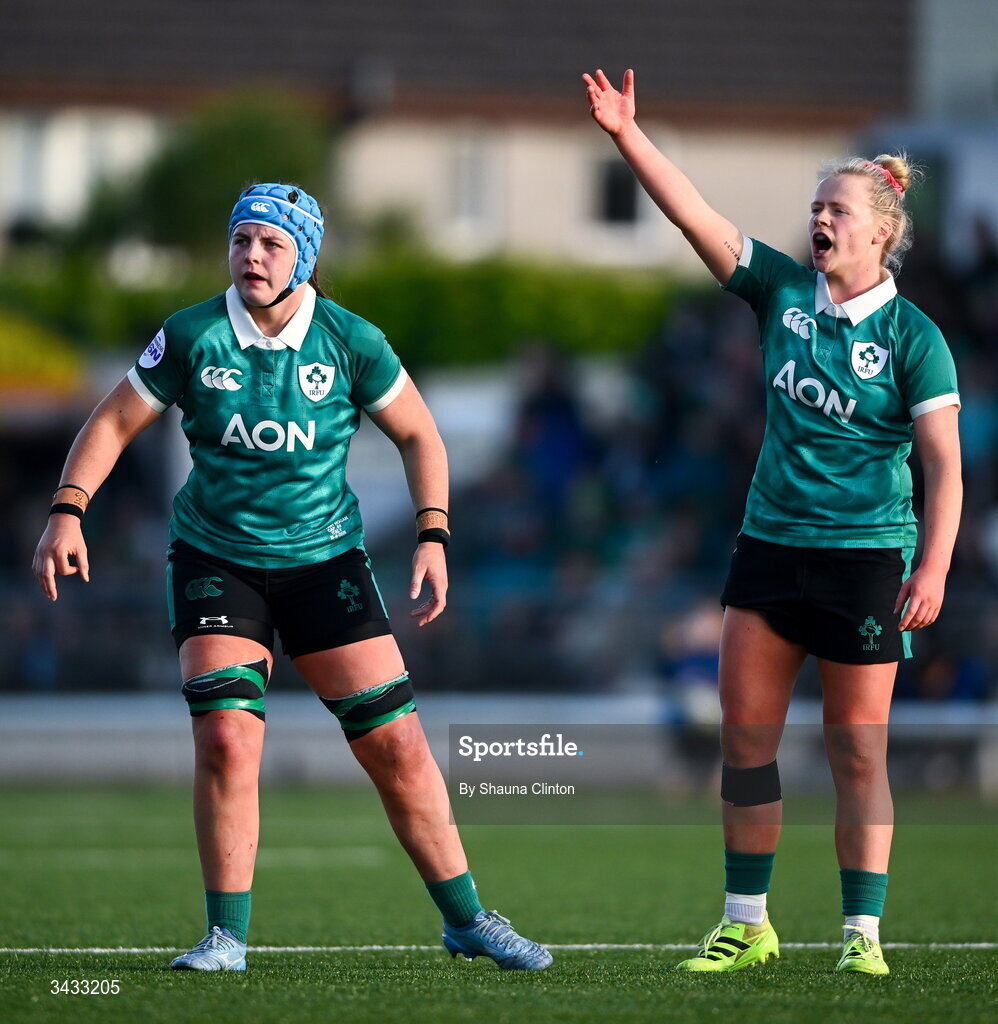 18 April 2026; Brittany Hogan, left, and Dannah O'Brien of Ireland during the Women's Six Nations Rugby Championship match between Ireland and Italy at Dexcom Stadium in Galway. Photo by Shauna Clinton/Sportsfile