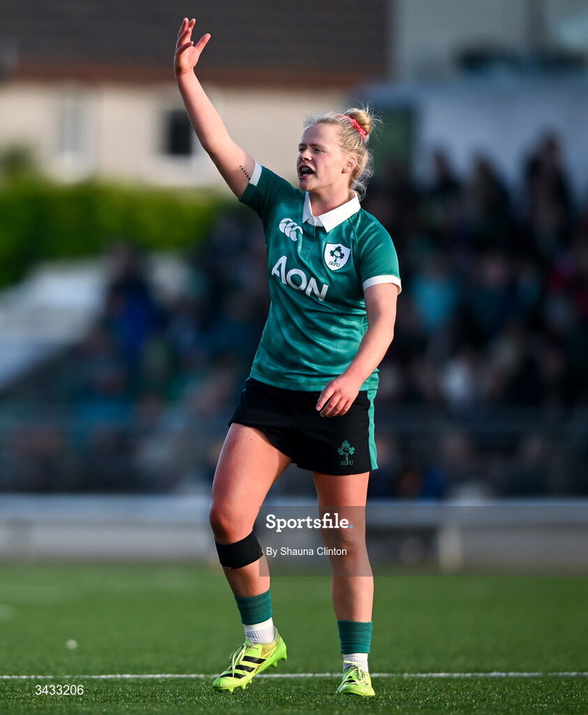 18 April 2026; Dannah O'Brien of Ireland during the Women's Six Nations Rugby Championship match between Ireland and Italy at Dexcom Stadium in Galway. Photo by Shauna Clinton/Sportsfile