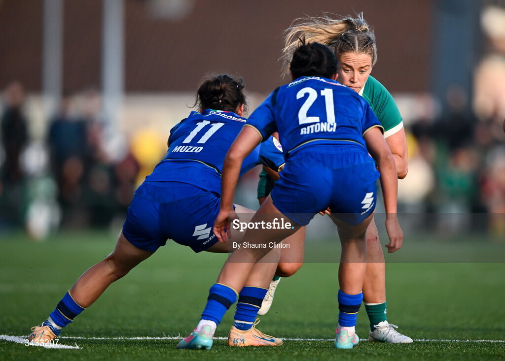 18 April 2026; Stacey Flood of Ireland in action against Italy players Aura Muzzo, left, and Alia Bitonci during the Women's Six Nations Rugby Championship match between Ireland and Italy at Dexcom Stadium in Galway. Photo by Shauna Clinton/Sportsfile