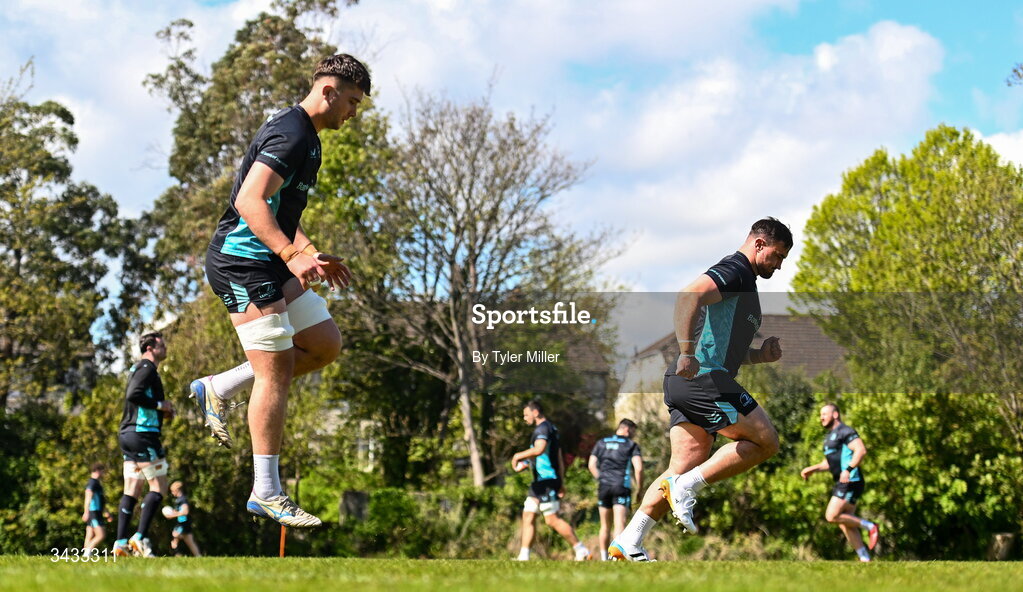 20 April 2026; Brian Deeny, left, and Rónan Kelleher during a Leinster Rugby squad training session at Rosemount in UCD, Dublin. Photo by Tyler Miller/Sportsfile