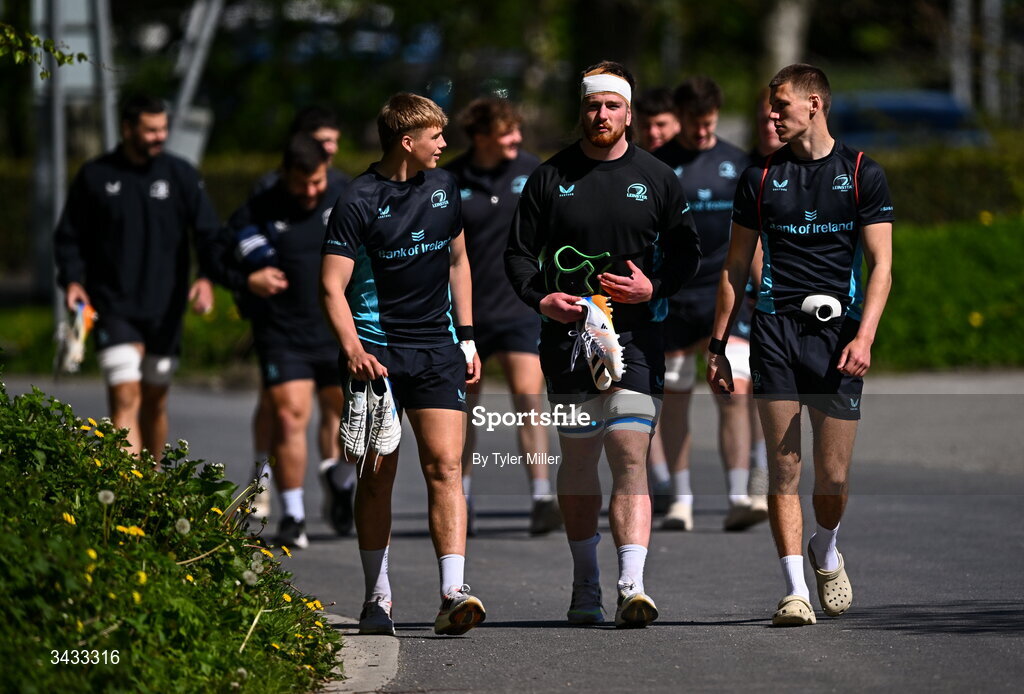 20 April 2026; Leinster players, from left, Ciarán Mangan, Joe McCarthy and Sam Prendergast before a Leinster Rugby squad training session at Rosemount in UCD, Dublin. Photo by Tyler Miller/Sportsfile