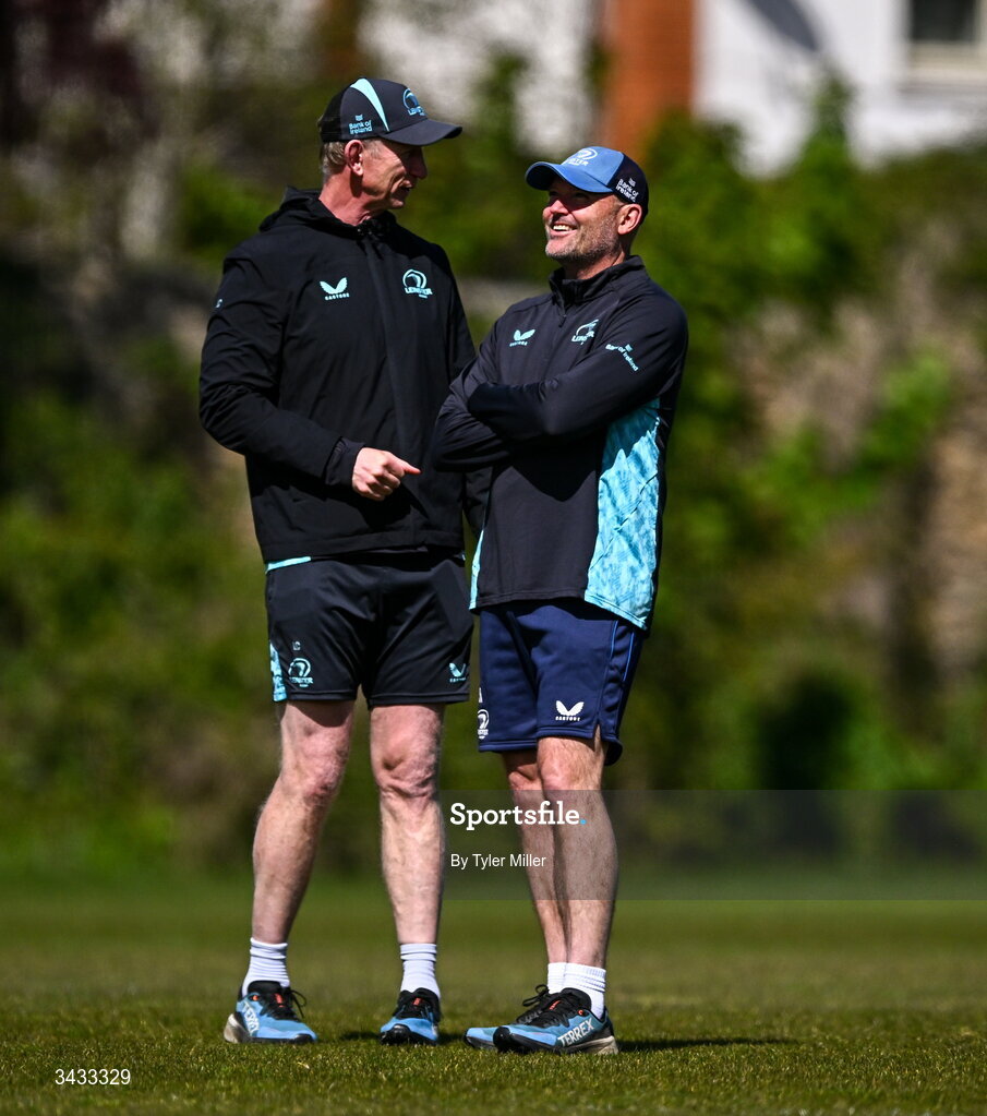 20 April 2026; Head coach Leo Cullen, left, and Senior coach Jacques Nienaber during a Leinster Rugby squad training session at Rosemount in UCD, Dublin. Photo by Tyler Miller/Sportsfile