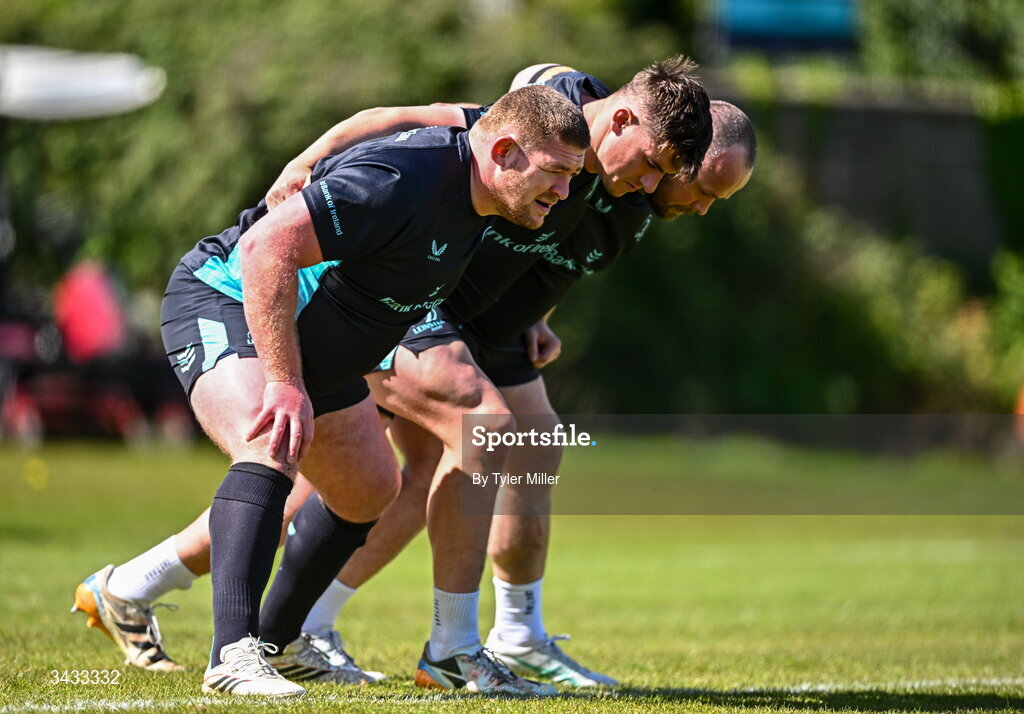20 April 2026; Leinster players, from left, Tadhg Furlong, Dan Sheehan and Ed Byrne during a Leinster Rugby squad training session at Rosemount in UCD, Dublin. Photo by Tyler Miller/Sportsfile