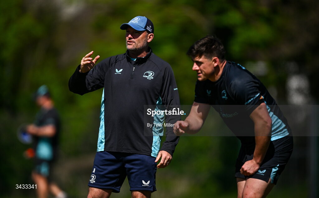 20 April 2026; Senior coach Jacques Nienaber, left, and Dan Sheehan during a Leinster Rugby squad training session at Rosemount in UCD, Dublin. Photo by Tyler Miller/Sportsfile