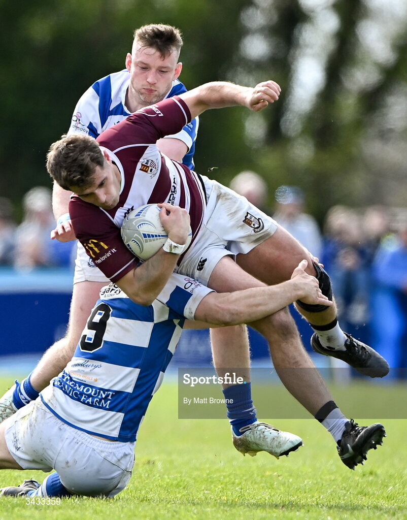 19 April 2026; Ryan Curran of Tullow RFC is tackled by Eoin Farrell of Athy RFC during the Bank of Ireland Provincial Towns Cup Final match between Athy RFC and Tullow RFC at Edenderry RFC in Edenderry, Offaly. Photo by Matt Browne/Sportsfile