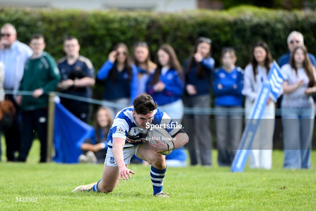 19 April 2026; Culann Carbery of Athy RFC scores a try against Tullow RFC during the Bank of Ireland Provincial Towns Cup Final match between Athy RFC and Tullow RFC at Edenderry RFC in Edenderry, Offaly. Photo by Matt Browne/Sportsfile
