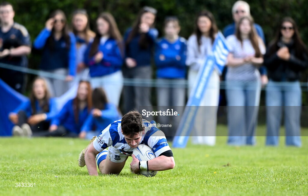 19 April 2026; Culann Carbery of Athy RFC scores a try against Tullow RFC during the Bank of Ireland Provincial Towns Cup Final match between Athy RFC and Tullow RFC at Edenderry RFC in Edenderry, Offaly. Photo by Matt Browne/Sportsfile