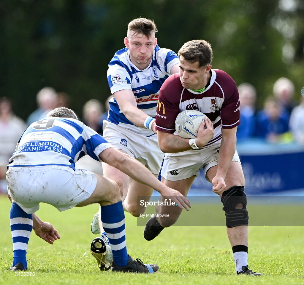 19 April 2026; Ryan Curran of Tullow RFC is tackled by Eoin Farrell of Athy RFC during the Bank of Ireland Provincial Towns Cup Final match between Athy RFC and Tullow RFC at Edenderry RFC in Edenderry, Offaly. Photo by Matt Browne/Sportsfile