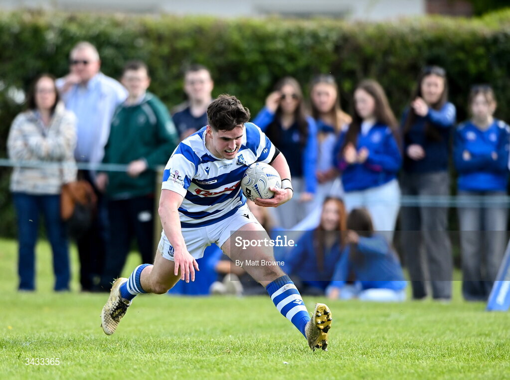 19 April 2026; Culann Carbery of Athy RFC scores a try against Tullow RFC during the Bank of Ireland Provincial Towns Cup Final match between Athy RFC and Tullow RFC at Edenderry RFC in Edenderry, Offaly. Photo by Matt Browne/Sportsfile
