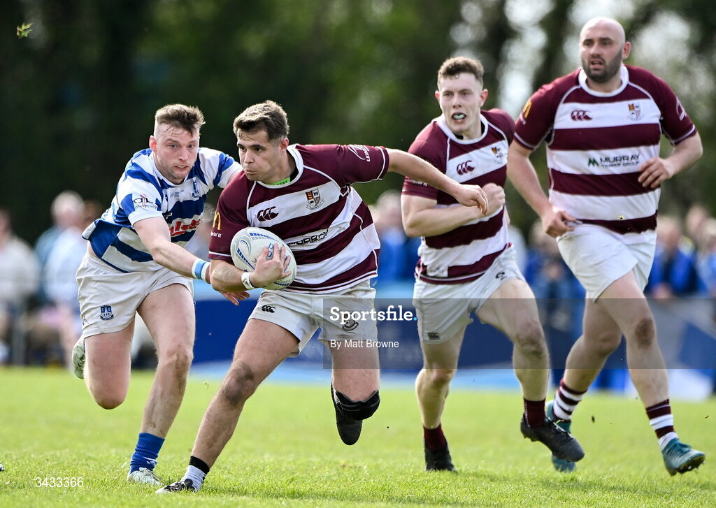 19 April 2026; Ryan Curran of Tullow RFC in action against Athy RFC during the Bank of Ireland Provincial Towns Cup Final match between Athy RFC and Tullow RFC at Edenderry RFC in Edenderry, Offaly. Photo by Matt Browne/Sportsfile