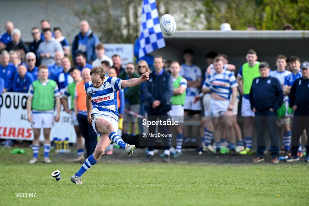 19 April 2026; Craig Miller of Athy RFC  kicks a penalty against Tullow RFC during the Bank of Ireland Provincial Towns Cup Final match between Athy RFC and Tullow RFC at Edenderry RFC in Edenderry, Offaly. Photo by Matt Browne/Sportsfile