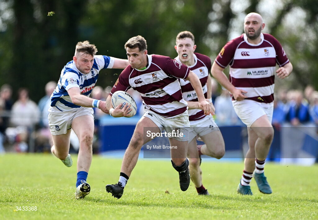 19 April 2026; Ryan Curran of Tullow RFC in action against Athy RFC during the Bank of Ireland Provincial Towns Cup Final match between Athy RFC and Tullow RFC at Edenderry RFC in Edenderry, Offaly. Photo by Matt Browne/Sportsfile