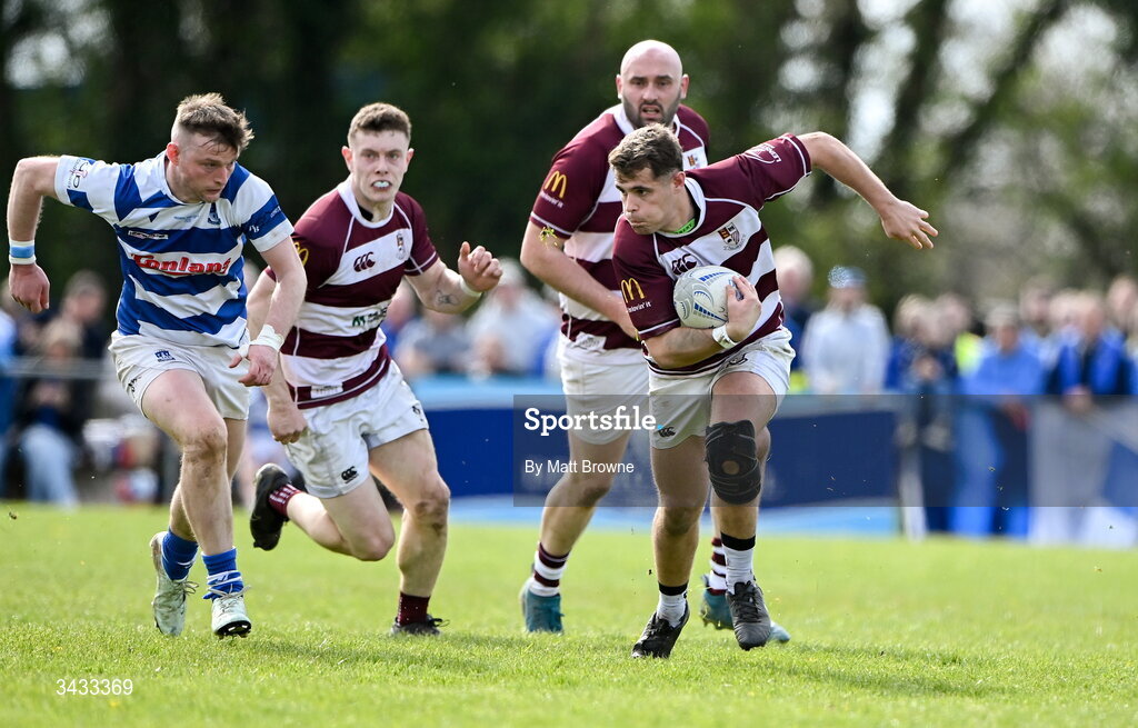 19 April 2026; Ryan Curran of Tullow RFC in action against Athy RFC during the Bank of Ireland Provincial Towns Cup Final match between Athy RFC and Tullow RFC at Edenderry RFC in Edenderry, Offaly. Photo by Matt Browne/Sportsfile