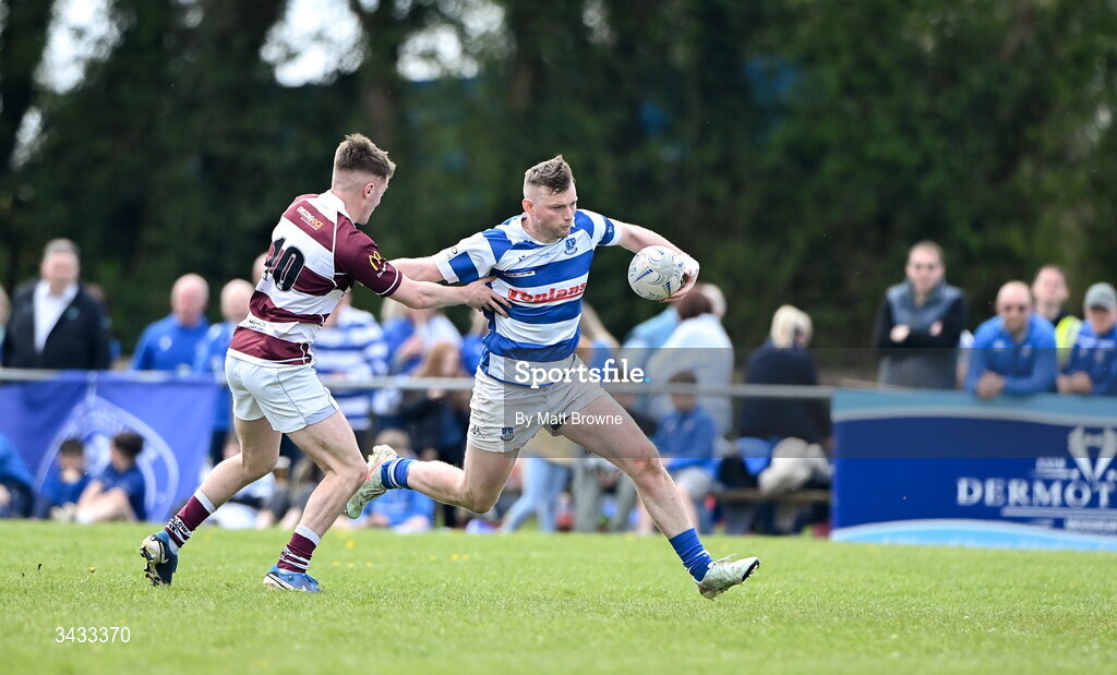 19 April 2026; Cathal Fennessy of Athy RFC is tackled by Peter Burgess of Tullow RFC during the Bank of Ireland Provincial Towns Cup Final match between Athy RFC and Tullow RFC at Edenderry RFC in Edenderry, Offaly. Photo by Matt Browne/Sportsfile