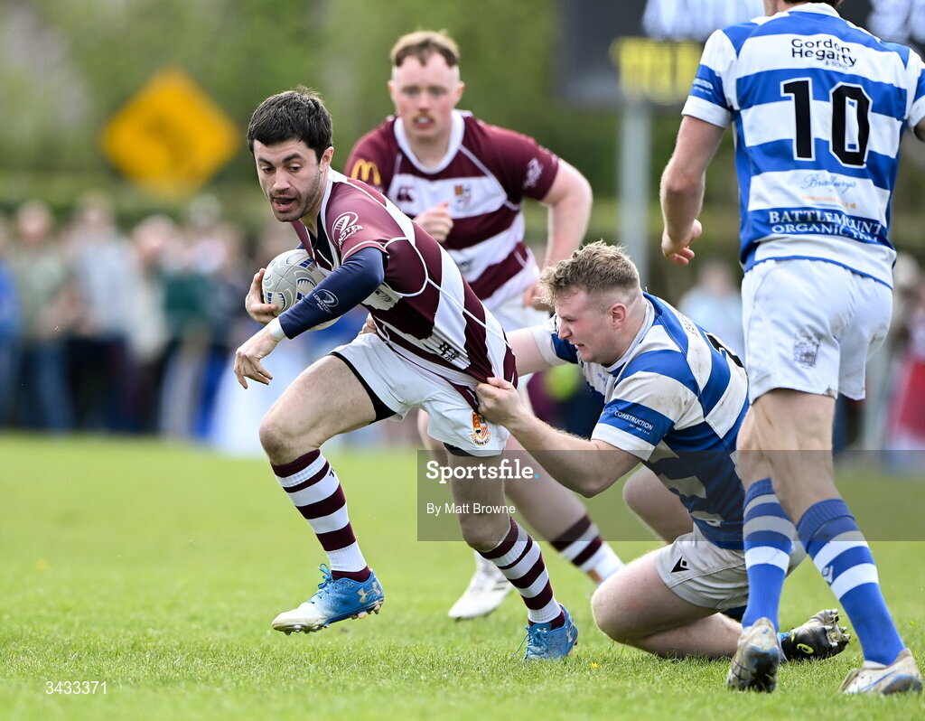 19 April 2026; Colm Gorry of Tullow RFC in action against Athy RFC during the Bank of Ireland Provincial Towns Cup Final match between Athy RFC and Tullow RFC at Edenderry RFC in Edenderry, Offaly. Photo by Matt Browne/Sportsfile