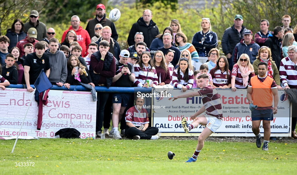 19 April 2026; Peter Burgess of Tullow RFC kicks a penalty against Athy RFC during the Bank of Ireland Provincial Towns Cup Final match between Athy RFC and Tullow RFC at Edenderry RFC in Edenderry, Offaly. Photo by Matt Browne/Sportsfile