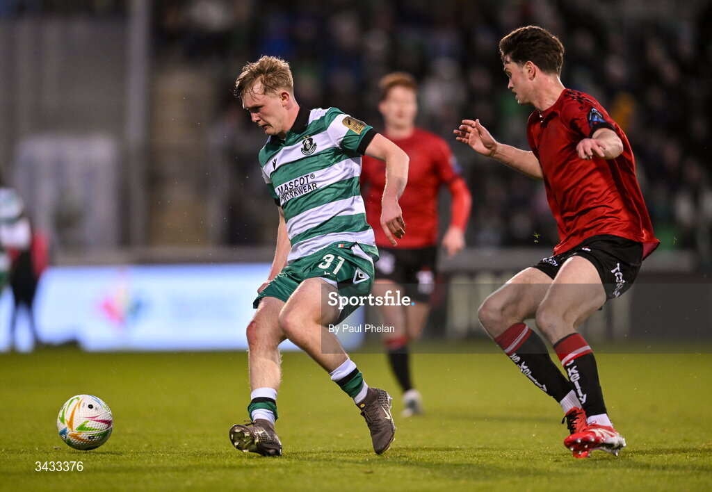 17 April 2026; Michael Noonan of Shamrock Rovers in action against Patrick Hickey of Bohemians during the SSE Airtricity Men's Premier Division match between Shamrock Rovers and Bohemians at Tallaght Stadium in Dublin. Photo by Paul Phelan/Sportsfile