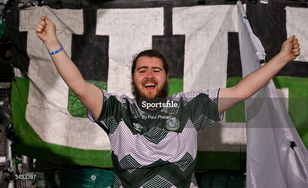 17 April 2026; A Shamrock Rovers supporter celebrates after the SSE Airtricity Men's Premier Division match between Shamrock Rovers and Bohemians at Tallaght Stadium in Dublin. Photo by Paul Phelan/Sportsfile