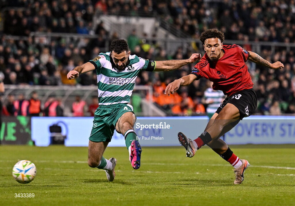 17 April 2026; Zane Myers of Bohemians shoots on goal despite the attention of Roberto Lopes of Shamrock Rovers during the SSE Airtricity Men's Premier Division match between Shamrock Rovers and Bohemians at Tallaght Stadium in Dublin. Photo by Paul Phelan/Sportsfile