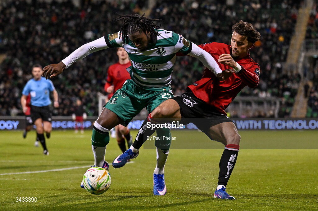 17 April 2026; Tunmise Sobowale of Shamrock Rovers in action against Connor Parsons of Bohemians during the SSE Airtricity Men's Premier Division match between Shamrock Rovers and Bohemians at Tallaght Stadium in Dublin. Photo by Paul Phelan/Sportsfile