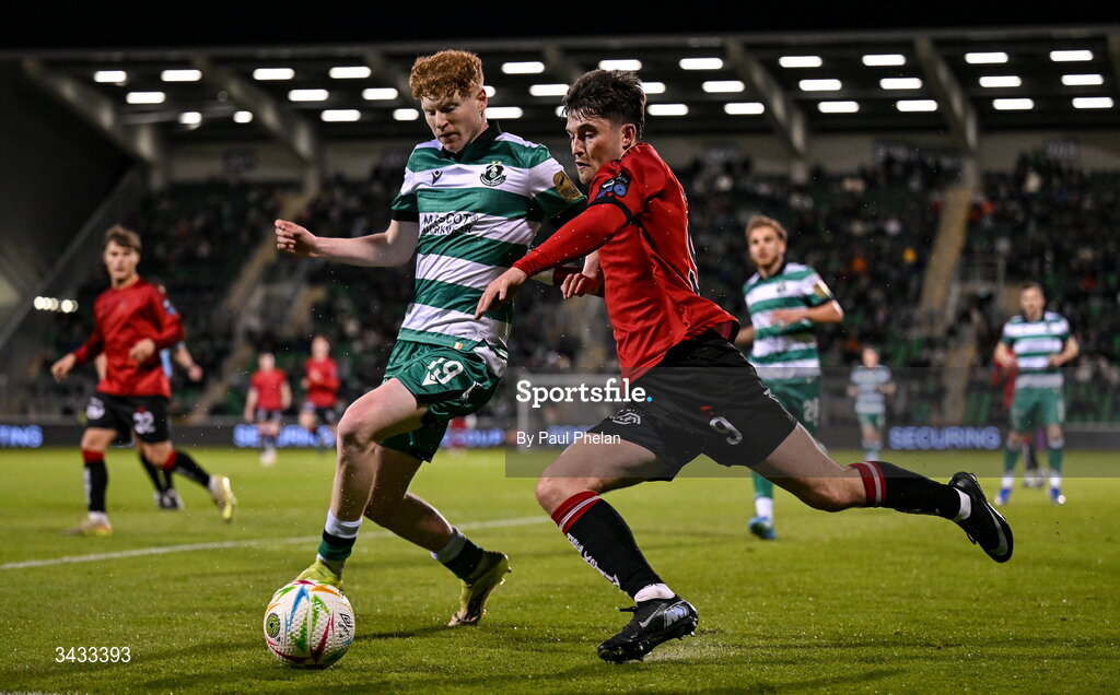 17 April 2026; Colm Whelan of Bohemians in action against Adam Brennan of Shamrock Rovers during the SSE Airtricity Men's Premier Division match between Shamrock Rovers and Bohemians at Tallaght Stadium in Dublin. Photo by Paul Phelan/Sportsfile