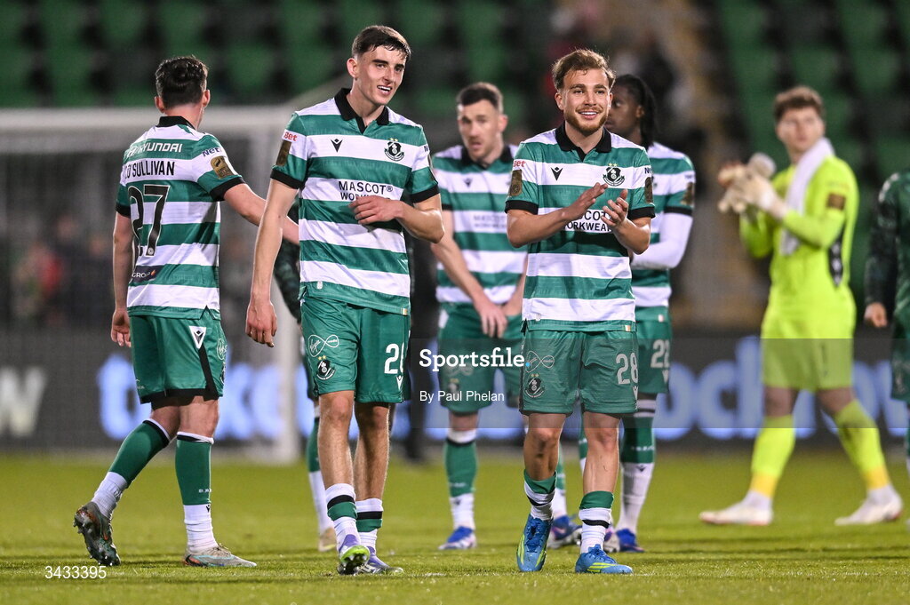 17 April 2026; John O'Sullivan and Naj Razi, right, of Shamrock Rovers celebrate after the SSE Airtricity Men's Premier Division match between Shamrock Rovers and Bohemians at Tallaght Stadium in Dublin. Photo by Paul Phelan/Sportsfile