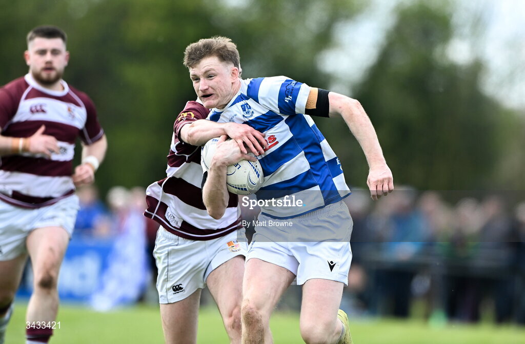 19 April 2026; Ciaran Fennessy of Athy RFC in action against Tullow RFC during the Bank of Ireland Provincial Towns Cup Final match between Athy RFC and Tullow RFC at Edenderry RFC in Edenderry, Offaly. Photo by Matt Browne/Sportsfile