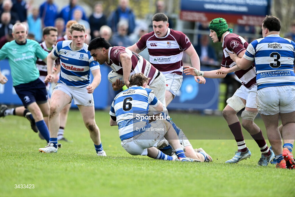 19 April 2026; Ezri Vai of Tullow RFC is tackled by John Sheedy of Athy RFC during the Bank of Ireland Provincial Towns Cup Final match between Athy RFC and Tullow RFC at Edenderry RFC in Edenderry, Offaly. Photo by Matt Browne/Sportsfile