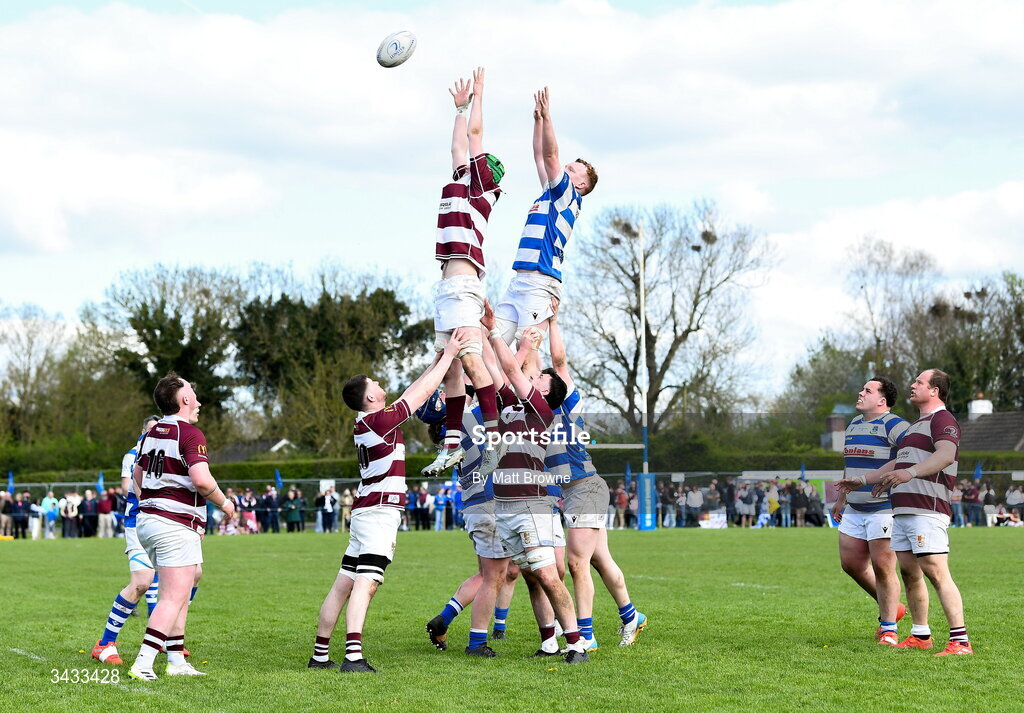 19 April 2026; Tom Hughes of Tullow RFC takes the ball in the lineout against Athy RFC during the Bank of Ireland Provincial Towns Cup Final match between Athy RFC and Tullow RFC at Edenderry RFC in Edenderry, Offaly. Photo by Matt Browne/Sportsfile
