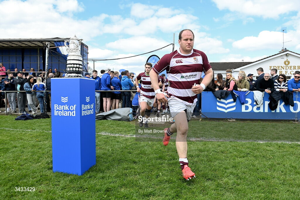 19 April 2026; Scott Caldbeck captain of Tullow RFC leads his team out before the Bank of Ireland Provincial Towns Cup Final match between Athy RFC and Tullow RFC at Edenderry RFC in Edenderry, Offaly. Photo by Matt Browne/Sportsfile