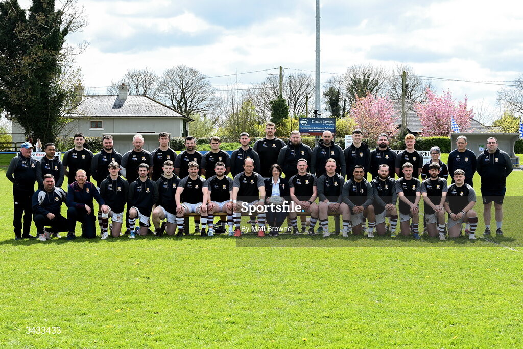 19 April 2026; The Tullow RFC squad and officials before the Bank of Ireland Provincial Towns Cup Final match between Athy RFC and Tullow RFC at Edenderry RFC in Edenderry, Offaly. Photo by Matt Browne/Sportsfile