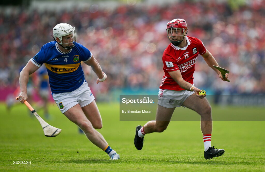 19 April 2026; William Buckley of Cork in action against Michael Breen of Tipperary during the Munster GAA Senior Hurling Championship Round 1 match between Tipperary and Cork at FBD Semple Stadium in Thurles, Tipperary. Photo by Brendan Moran/Sportsfile