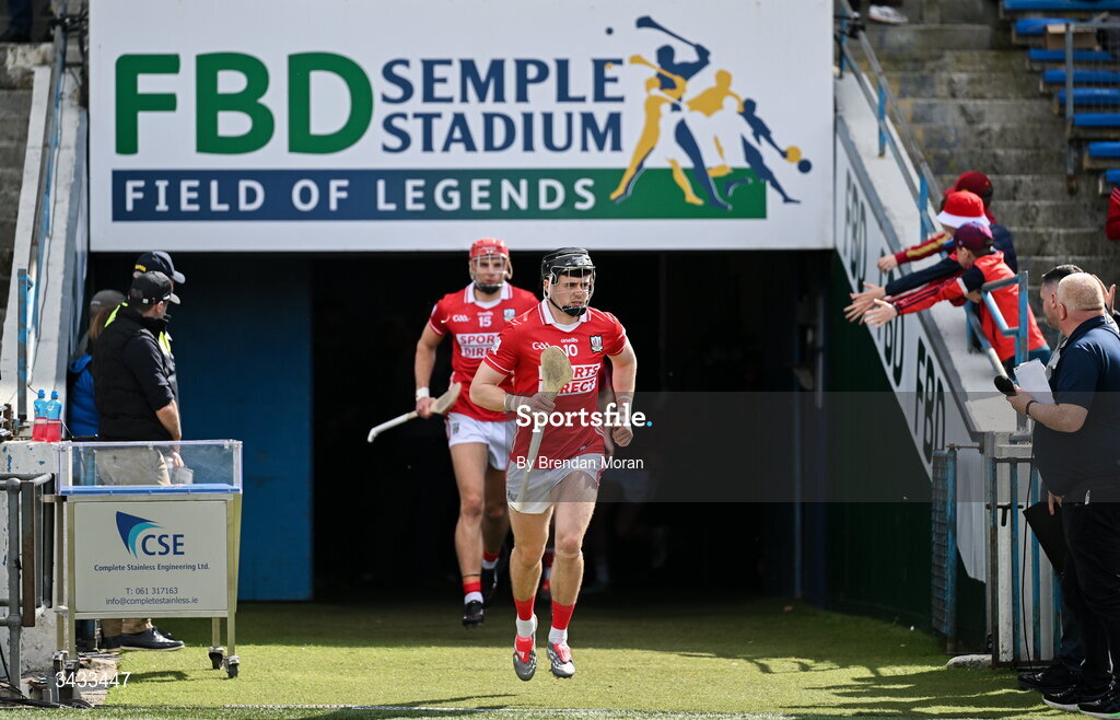 19 April 2026; Cork captain Darragh Fitzgibbon leads his side onto the pitch before the Munster GAA Senior Hurling Championship Round 1 match between Tipperary and Cork at FBD Semple Stadium in Thurles, Tipperary. Photo by Brendan Moran/Sportsfile