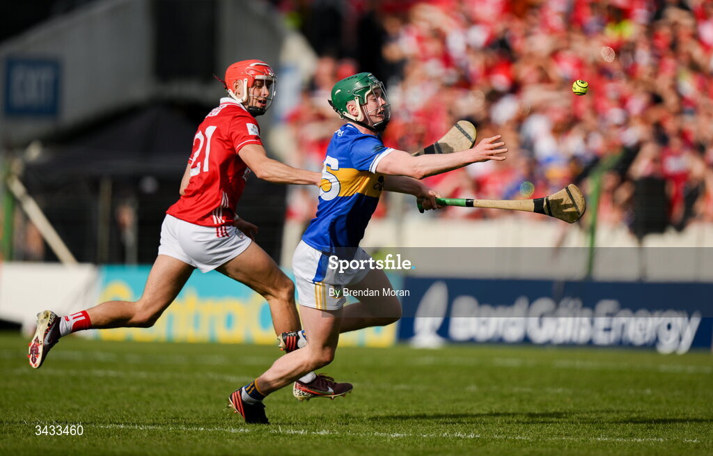19 April 2026; Darragh Stakelum of Tipperary in action against Hugh O'Connor of Cork during the Munster GAA Senior Hurling Championship Round 1 match between Tipperary and Cork at FBD Semple Stadium in Thurles, Tipperary. Photo by Brendan Moran/Sportsfile